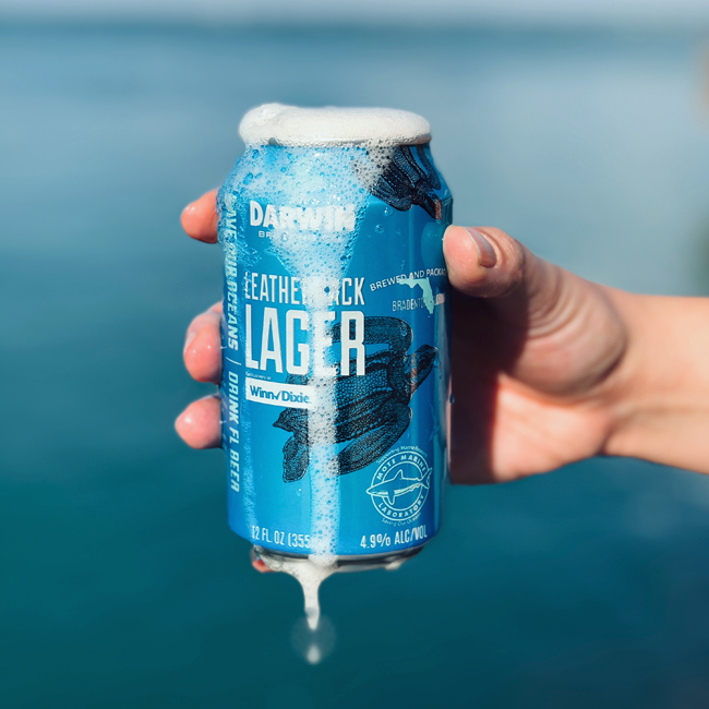 Leatherback Lager from Darwin Brewing pictured in front of the Gulf of Mexico