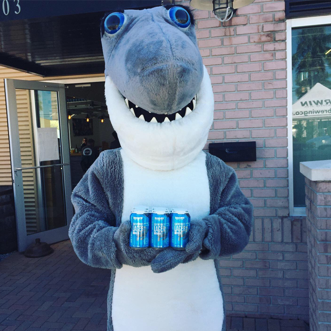 Mote Marine Lab's Mascot Gilly the Shark holding a six-pack of Leatherback Lager brewed by Darwin Brewing Co.